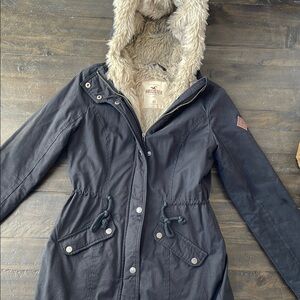 Hollister Women's Dark Gray Utility Jacket with Faux Fur Hood